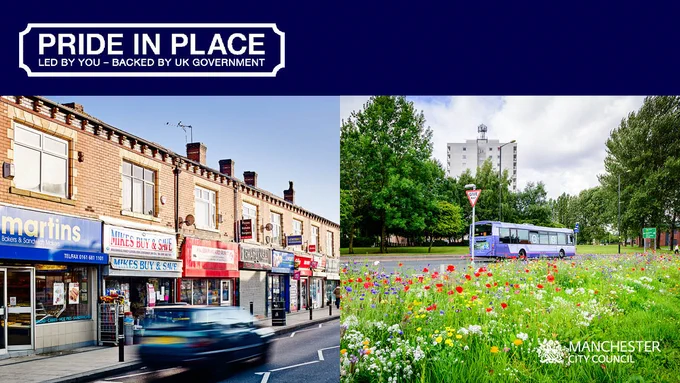 Split image: left shows shops on a street, right shows a wildflower meadow with a bus and tall building.