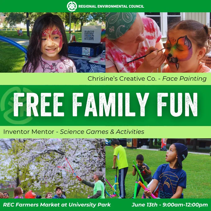 Free Family Fun at the REC Farmers market at University park on June 13th from 9:00am-12:00pm! Join us for face painting Christine's Creative Co & rockets & bubbles with Inventor Mentor! 