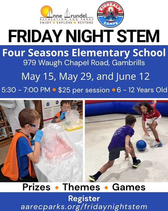 Children engaging in hands-on STEM experiments and playing interactive games at Four Seasons Elementary's Friday Night STEM event.