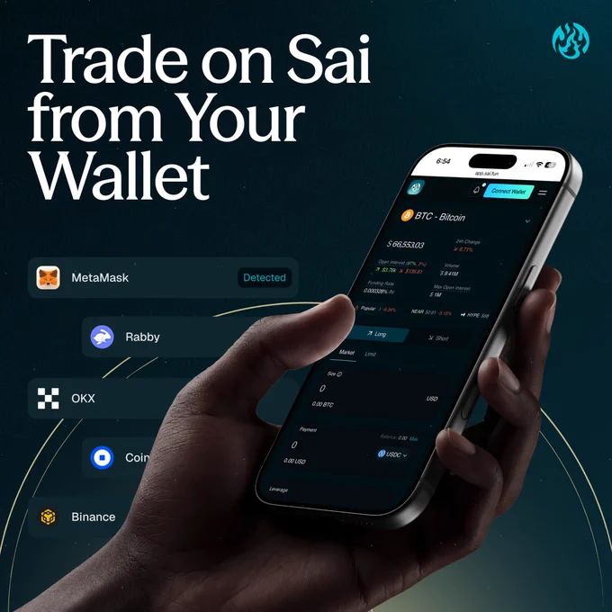 A promotional image for trading on Sai platform using digital wallets. The image features a close-up of a hand holding a smartphone displaying trading options, highlighting integration with MetaMask, Rabby, OKX, Coin, and Binance.