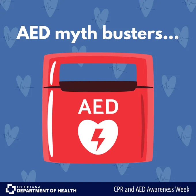 Infographic with an illustration of an AED machine. Title reads 'AED myth busters'.