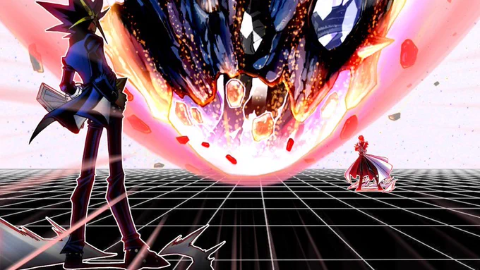 This picture depicts a duel between Yami Yugi and Kaiba on a grid of black squares extending to the horizon. Looming between them is the hulking asteroid of Nibiru, the Primal Being threatening to fall on both of them.