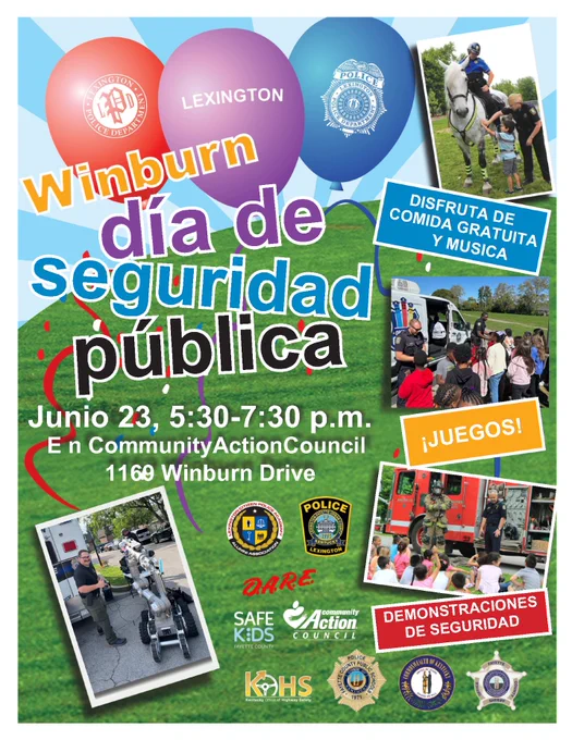 El folleto dice: «Día de la Seguridad Pública de Winburn. 23 de junio. De 5:30 a 7:30 p. m. En Community Action Council, 1169 Winburn Drive. ¡Abierto a todos! Comida y música, juegos, demostraciones de seguridad». Fotos de un niño acariciando a un caballo junto a un oficial de la policía montada, niños reunidos alrededor de la camioneta Cop-sickle recibiendo paletas, un bombero con equipo de seguridad hablando con los niños. Logos de varias oficinas de seguridad pública.