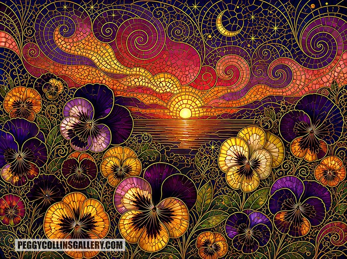 Colorful artwork of pansies in the foreground with an intricate sunset and night sky in the background, by Peggy Collins.