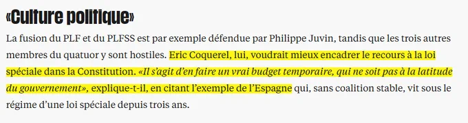 https://www.liberation.fr/politique/apres-le-marasme-sur-le-budget-des-voix-se-levent-pour-une-reforme-de-fond-la-constitution-ne-dit-pas-tout-20260202_KR7XNLJ7ABDNHAKBEPSF6EGYTI/?redirected=1851#:~:text=Eric Coquerel, lui, voudrait mieux encadrer le recours à la loi spéciale dans la Constitution. «Il s’agit d’en faire un vrai budget temporaire, qui ne soit pas à la latitude du gouvernement», explique-t-il, en citant l’exemple de l’Espagne