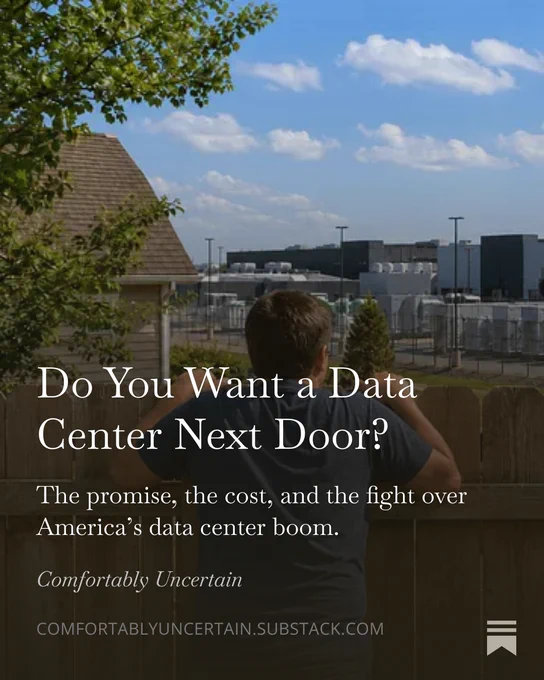 A homeowner peers over a backyard fence toward a sprawling data center built behind a suburban house under a blue daytime sky. Text reads: “Do You Want a Data Center Next Door?” and “The promise, the cost, and the fight over America’s data center boom.”