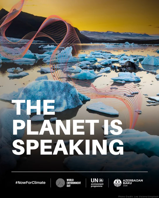 White words overlaid on icebergs during sunset. Text reads: The planet is speaking. 