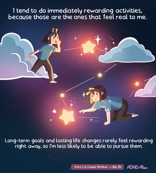 Panel 3



At the top, the ADHD Alien character moves through the clouds toward a large glowing star. The text explains that immediately rewarding activities feel more real and compelling because they provide a sense of satisfaction right away.

In the center, the character crawls across the sky reaching for another bright star. Smaller stars sparkle throughout the scene, creating the impression that attention is constantly being pulled toward the nearest source of reward. The stars represent hobbies, interests, entertainment, or other activities that provide immediate feedback and stimulation.

At the bottom, the text explains that long term goals and lasting life changes rarely feel rewarding in the moment. Because their benefits are distant and difficult to perceive, they are often harder to pursue consistently. The contrast between the bright nearby stars and the unseen future illustrates why immediate rewards can feel far more motivating than important long term objectives.