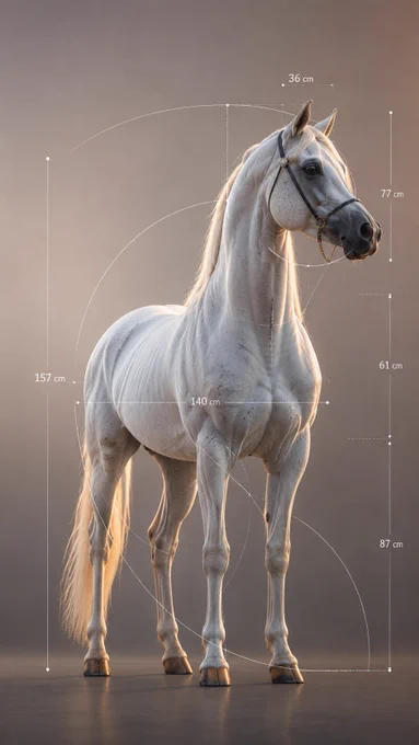 Analyze the uploaded animal and transform it into a premium scientific visual study focused on proportion, scale, and anatomical harmony.

Preserve the animal exactly as photographed with ultra-realistic detail.

Use only a minimal number of geometric overlays:
- a few elegant golden ratio arcs
- selected proportional circles
- subtle alignment guides
- precise measurement markers

Avoid excessive technical drawings, cluttered diagrams, dense grids, complex annotations, and unnecessary construction lines.

Display only clean measurement indicators in centimeters (cm) directly connected to key body dimensions such as:
- total height
- neck length
- body length
- leg length
- head size

No titles.
No labels.
No descriptions.
No paragraphs.
No scientific notes.
No logos.
No icons.
No numbers except measurement values with "cm".

The measurements should feel like a luxury industrial design blueprint rather than an infographic.

Style:
luxury scientific editorial,
Swiss minimalism,
Apple-li