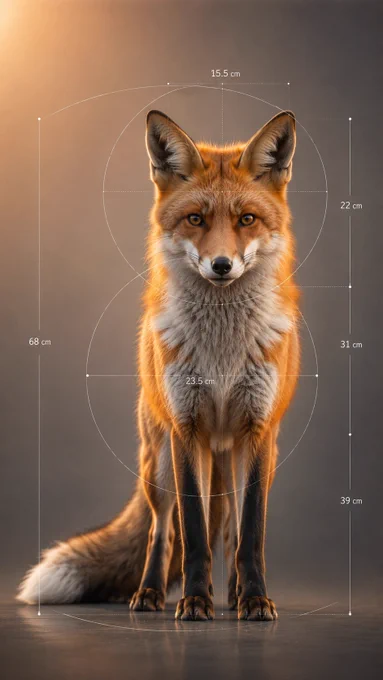 Analyze the uploaded animal and transform it into a premium scientific visual study focused on proportion, scale, and anatomical harmony.

Preserve the animal exactly as photographed with ultra-realistic detail.

Use only a minimal number of geometric overlays:
- a few elegant golden ratio arcs
- selected proportional circles
- subtle alignment guides
- precise measurement markers

Avoid excessive technical drawings, cluttered diagrams, dense grids, complex annotations, and unnecessary construction lines.

Display only clean measurement indicators in centimeters (cm) directly connected to key body dimensions such as:
- total height
- neck length
- body length
- leg length
- head size

No titles.
No labels.
No descriptions.
No paragraphs.
No scientific notes.
No logos.
No icons.
No numbers except measurement values with "cm".

The measurements should feel like a luxury industrial design blueprint rather than an infographic.

Style:
luxury scientific editorial,
Swiss minimalism,
Apple-li