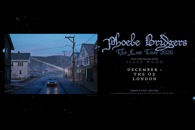 A car drives down a quiet, foggy street lined with houses at dusk, promoting Phoebe Bridgers' The Lost Tour 2026 at The O2
