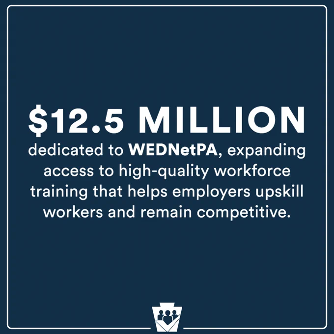 $12.5 million allocated to WEDNetPA for expanding access to workforce training that helps employers upskill workers and stay competitive.