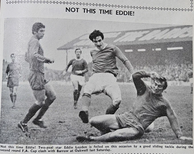 Eddie Loyden in action for Barnsley V Barrow in the FA Cup in December 1969.