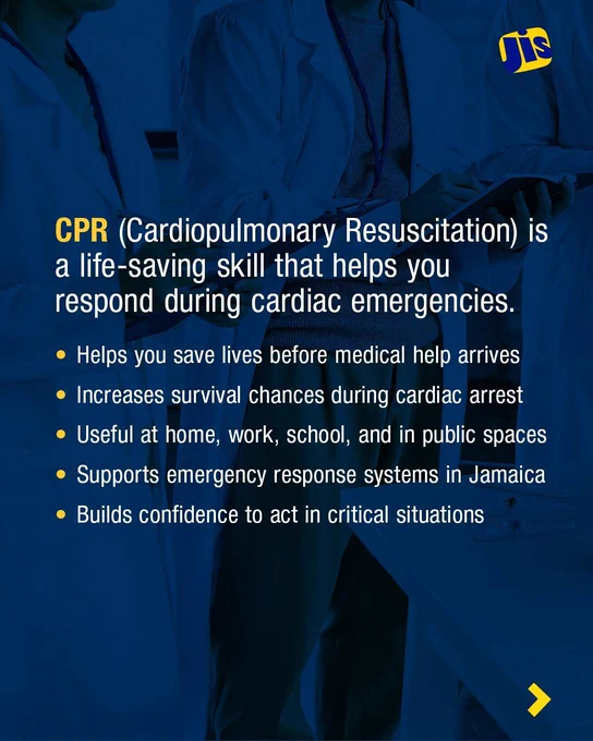 CPR (Cardiopulmonary Resuscitation) is a life-saving skill that helps you respond during cardiac emergencies:
Helps you save lives before medical help arrives Increases survival chances during cardiac arrest Useful at home, work, school, and in public spaces
Supports emergency response systems in Jamaica
Builds confidence to act in critical situations