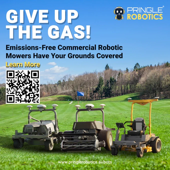 An advertisement promoting emissions-free commercial robotic mowers by Pringle Robotics. Set on a golf course, the ad highlights the eco-friendly aspect.