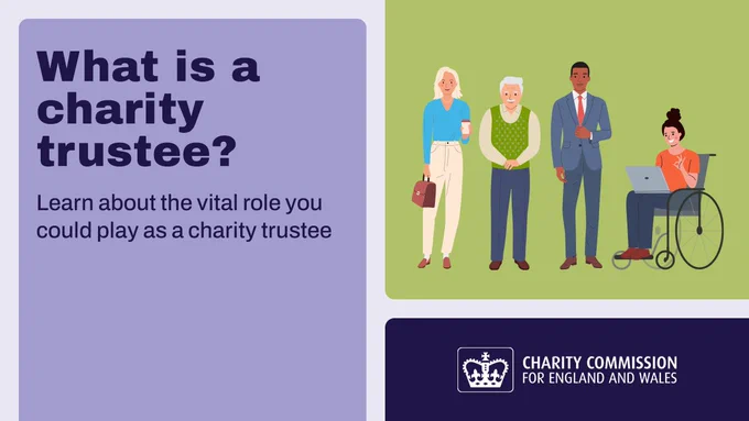 Illustration of individuals representing charity trustees alongside text saying "what is a charity trustee" and "learn about the vital role you could play as a charity trustee"
