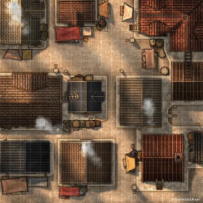 Battlemap of a bustling city street with intersections and alleyways. There are 11 rooftops, many with platforming opportunities be it that they're connected by ladders, or have barrels/crates/market stalls close by. This is the daytime version, and light rays are shining brightly on the street below.