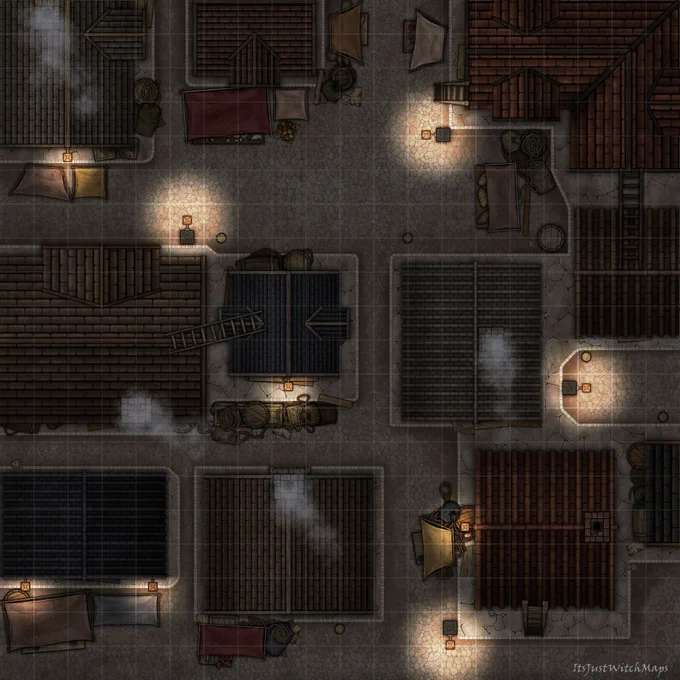 Battlemap of a bustling city street with intersections and alleyways. There are 11 rooftops, many with platforming opportunities be it that they're connected by ladders, or have barrels/crates/market stalls close by. This is the night version, and with only a few bright light sources, this is the perfect opportunity for your party to slink around unnoticed. 