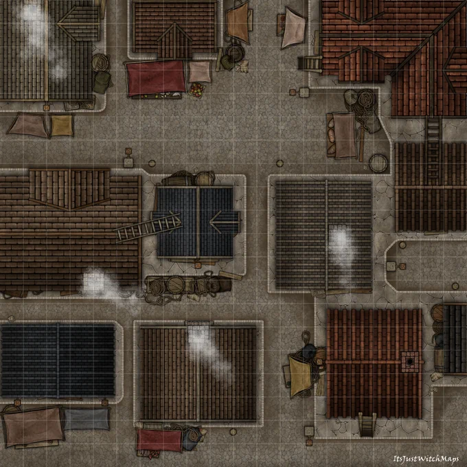 Battlemap of a bustling city street with intersections and alleyways. There are 11 rooftops, many with platforming opportunities be it that they're connected by ladders, or have barrels/crates/market stalls close by. This is the plain version with no day or night affects so that you can add your own where/how you want them!