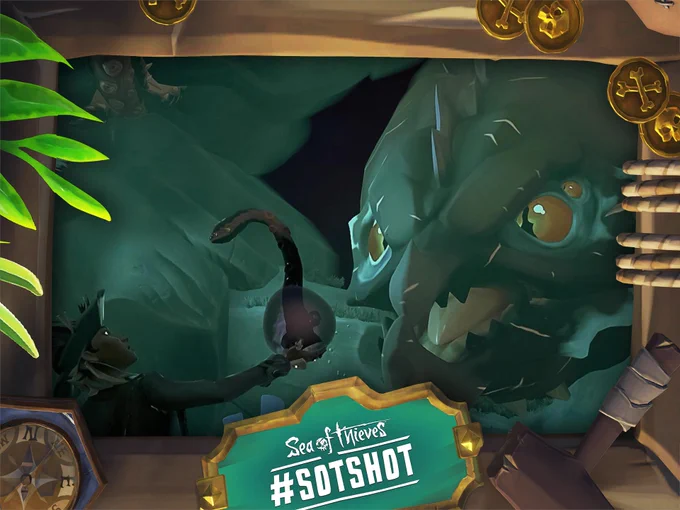 A framed screenshot of Sea of Thieves showing a Kraken's head looming over a pirate holding up a black orb with a tentacle emerging from it.