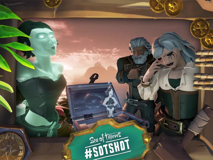A framed screenshot of Sea of Thieves showing two pirates looking mournfully while listening to a music box. A ghostly figure resembling the character in the music box stands next to it.