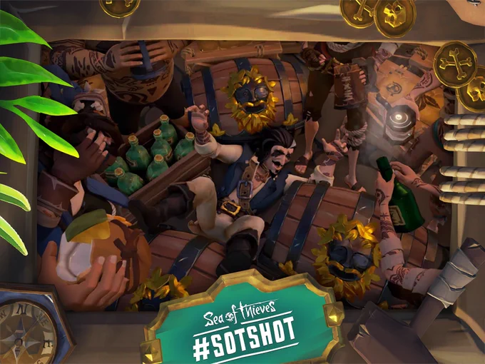 A framed screenshot of Sea of Thieves showing a pirate falling back among a huge collection of drinks.