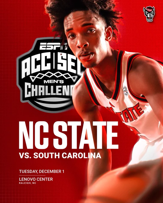 NC State to host South Carolina on Tuesday, December 1 at Lenovo Center for the 2026 ACC/SEC Challenge.