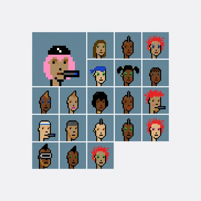 Grid of 0x2be8…c2af's 20 CryptoPunks, with 1 newly acquired punk enlarged.