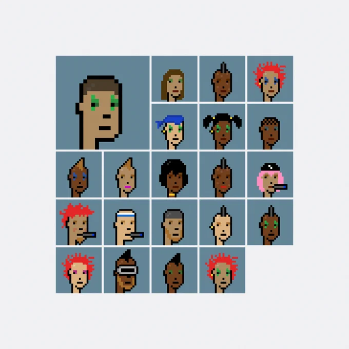Grid of 0x2be8…c2af's 21 CryptoPunks, with 1 newly acquired punk enlarged.