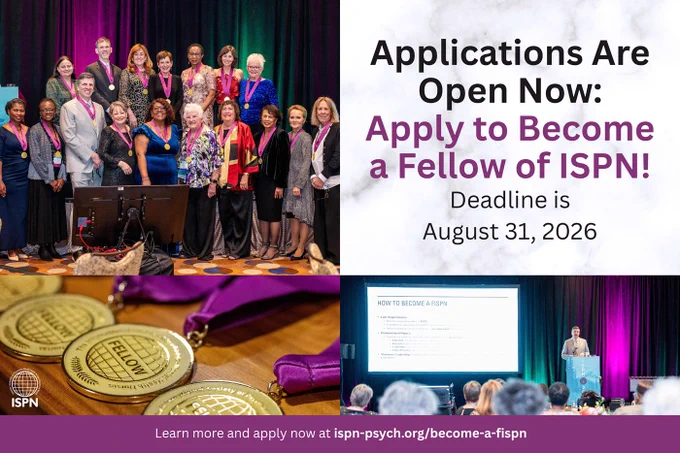 Collage of people in formal attire posing for a photo, medals labeled "Fellow," and individuals at a presentation, with text for the ISPN Fellow application process.