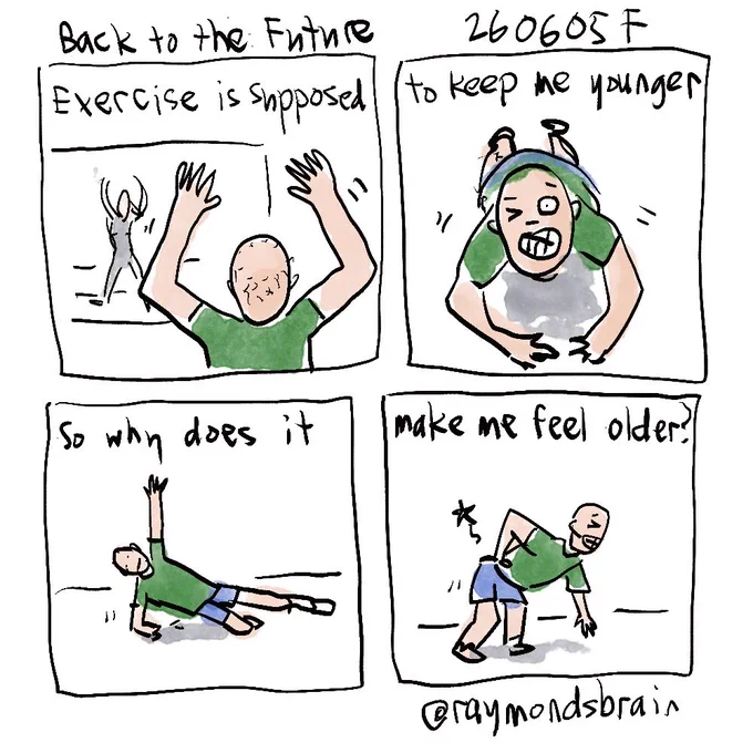 Guy copying exercise video; guy doing pushups; guy doing side plank; guy with sore back