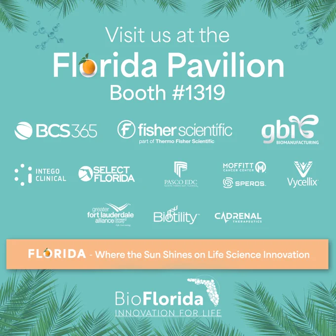 Image shows a teal background with palm fronds and the BioFlorida logo. Text reads Visit us at the Florida Pavilion Booth number 1319. Various company logos are shown below.