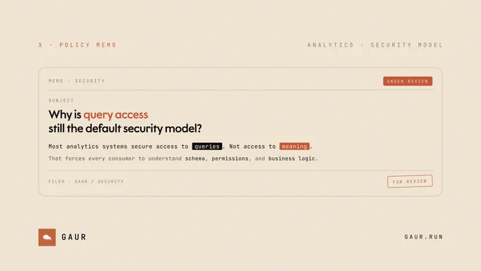 Why is query access still the default security model?

Most analytics systems control access to queries.

Not to metrics.
Not to business logic.
Not to meaning.

That forces every consumer to understand schemas, permissions, and implementation details.

Gaur secures analytical contracts, not just query access.