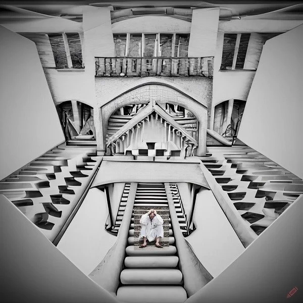 Miserable-looking man in robe and sandals on an impossible staircase in a building that looks like Escher had a nightmare after eating pepperoni pizza. (Ungainly montage made by writer.)