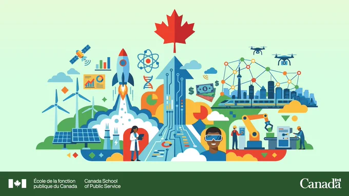 Illustration colorée qui comprend des éoliennes, des panneaux solaires, des fusées, des drones, des immeubles, des scientifiques et des symboles technologiques sous une feuille d’érable qui représente le Canada.