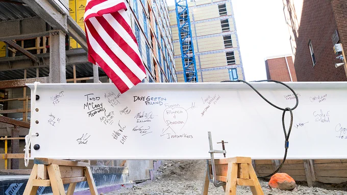 A close up of the beam, signed by members of the construction team. Photo: Alonso Nichols/Tufts University