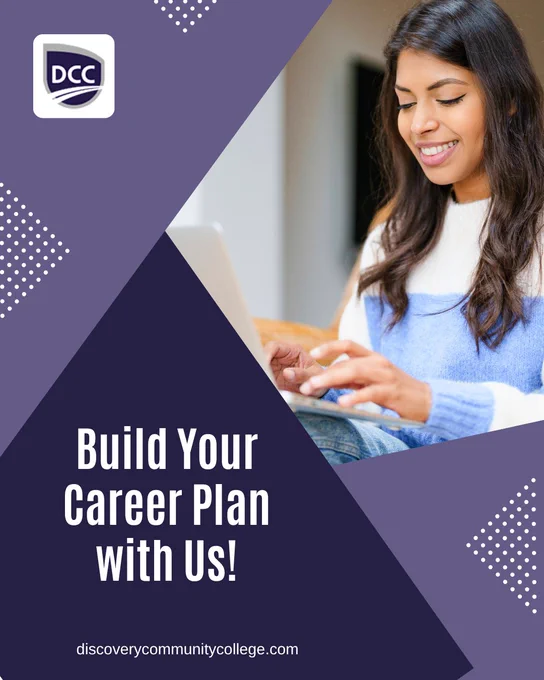 A smiling student uses a laptop while geometric purple design elements and Discovery Community College branding encourage viewers to build a career plan and continue developing educational goals.