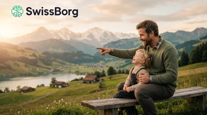 A father and child share a joyful moment on a bench, with mountains and a serene lake in the background, conveying warmth and connection.