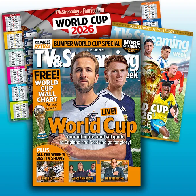 An image showing the cover of TV&Streaming Week for the week of 6-12 June 2026. The banner at the top reads "32 pages extra! Bumper World Cup special - more channels than any other TV mag." The main image is of England's Harry Kane and Scotland's Scott McTominay, with the headline "LIVE: World Cup - your ultimate football guide as England and Scotland go for glory!" Behind this is an image of the magazine's special World Cup coverage and behind this an image of the magazine's Free World Cup Wall Chart.