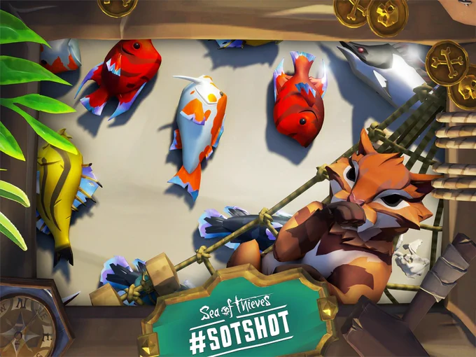 A framed screenshot of Sea of Thieves showing a cat resting in a hammock, with a collection of fish on the sand next to them.