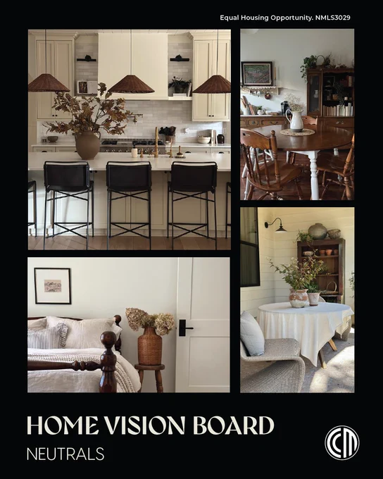 Collage of neutral home decor with text overlay that says \"Home Vision Board: Neutrals.\"