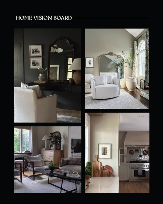 Collage of neutral home decor with text overlay that says \"Home Vision Board.\"