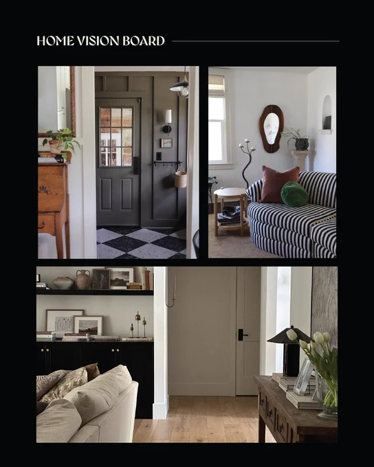 Collage of neutral home decor with text overlay that says \"Home Vision Board.\"