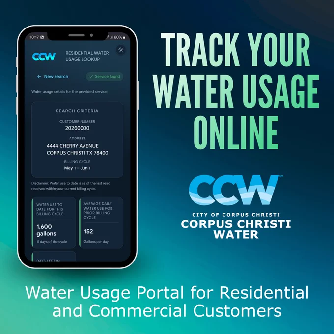 Image of the City of Corpus Christi's Water Usage Portal webpage being shown on a cell phone screen. Track your water usage online. Water usage portal for residents and commercial customers. 