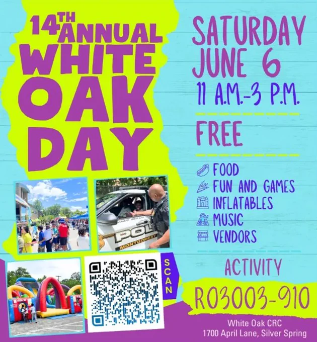 Colorful flyer for the 14th Annual White Oak Day on Saturday, June 6, from 11 a.m. to 3 p.m., featuring free food, games, inflatables, music, and vendors.
