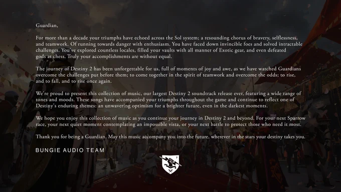 White text over a dimmed Monument of Triumph key art image with the Bungie logo at the bottom. 
