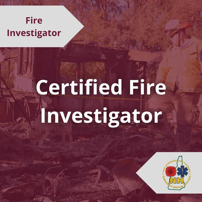 Flyer promoting Fire Investigator course. Background image is of a firefighter and an arson K-9 going through a burnt building.