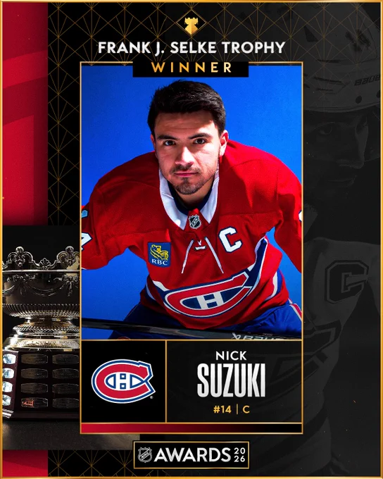 Photo of Nick Suzuki next to the King Clancy Memorial Trophy and text that reads, \"Frank J. Selke Trophy winner - Nick Suzuki, Montreal Canadiens No. 14, center\".