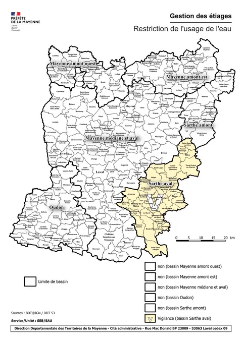 Carte de restriction de l'usage de l'eau en Mayenne