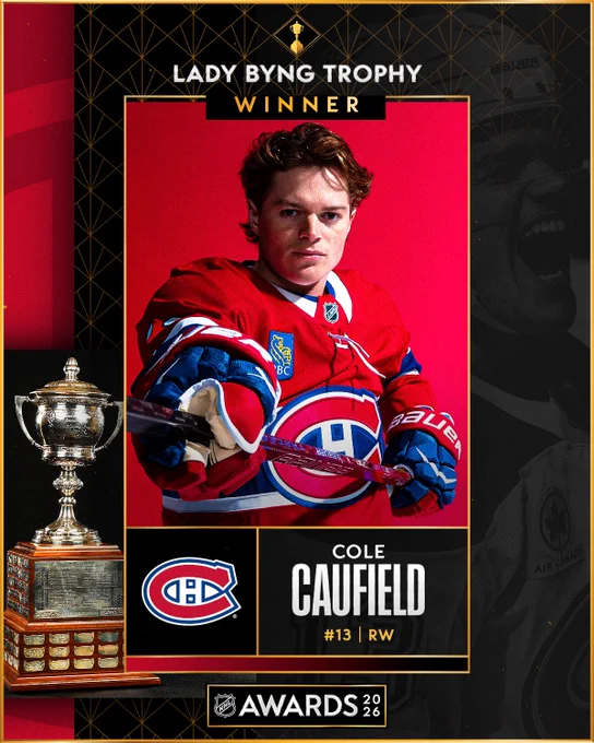 Photo of Cole Caufield next to the Lady Byng Trophy and text that reads, \"Lady Byng Trophy winner - Cole Caufield, Montreal Canadiens No. 13, right wing\".